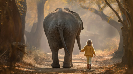 A Whimsical Friendship: A Little Girl and Her Majestic Elephant Companion. Generative AI - obrazy, fototapety, plakaty