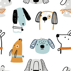 Vector hand-drawn seamless repeating childish simple pattern with cute dogs in Scandinavian style on a white background. Children's texture with dogs, dogs print. Pets. Puppy. Funny animals sketch.