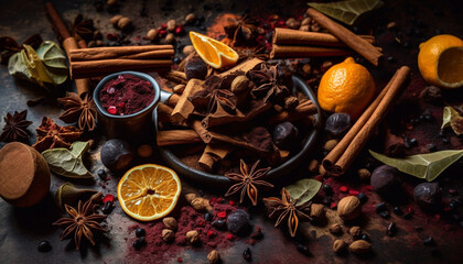 Scented spice bowl anise, clove, nutmeg, cardamom generated by AI