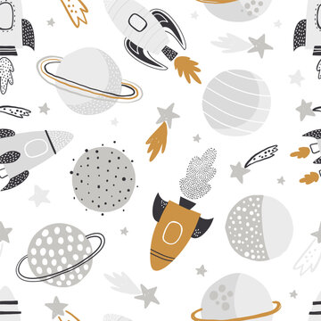 Seamless vector pattern with cute planets, stars, constellations, rockets, spaceships. Space. Saturn, Moon.  Creative kids texture for fabric, wrapping, textile, wallpaper. Hand drawn space elements.