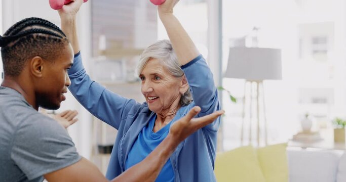 Physiotherapy, black man and senior woman stretching, smile and consultation in office, help and wellness. Physiotherapist, male employee and happy female client stretch, health and rehabilitation