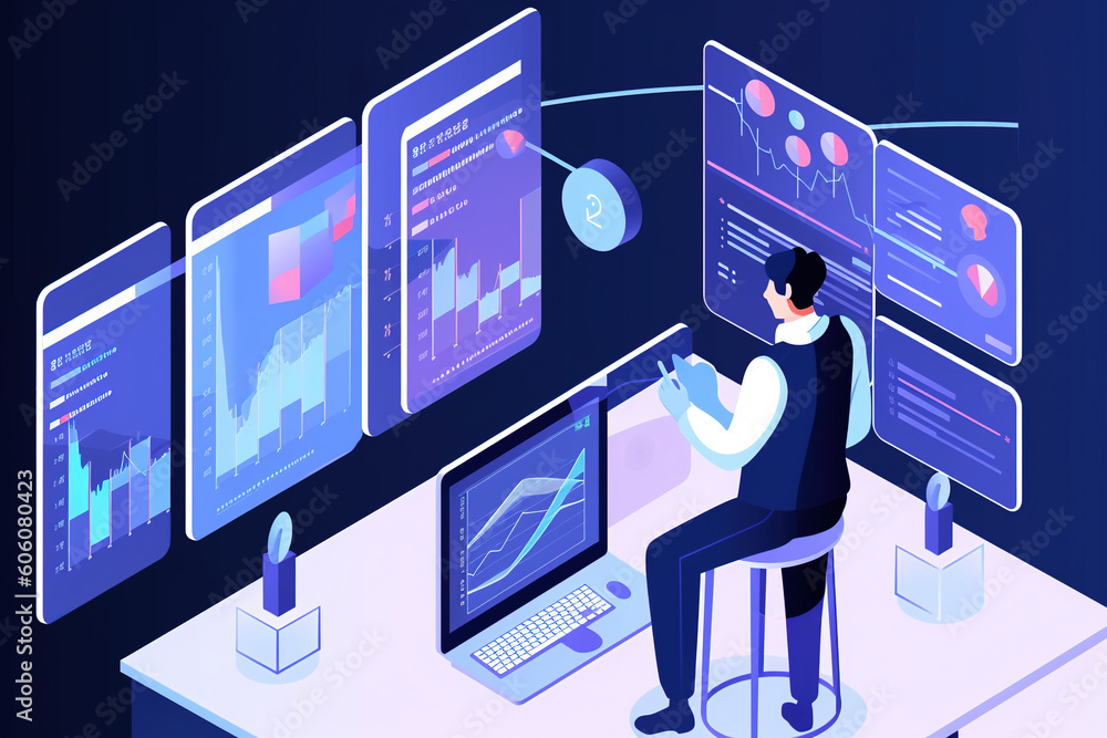Aufkleber a man sitting at a desk in front of three monitors. ai generative image