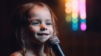 Little singer girl sing song to microphone on stage, attractive singer performs on stage with song, young talent competition concept, close up vocalist girl singer holds microphone, generative AI