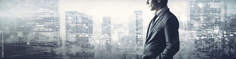 Poster a man in a suit standing in front of a cityscape. ai generative image