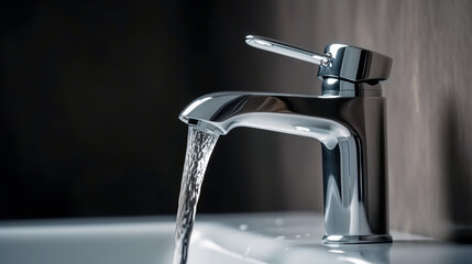 Open faucet with water on a dark background. Copy space. AI generation