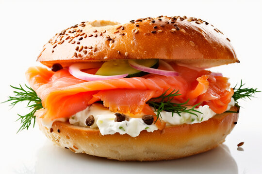 Bagel and lox sandwich With cheese and salmon.  Generative AI