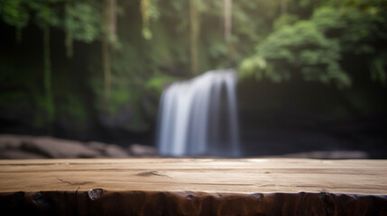 Background of wooden table in front of blurred tropical waterfall. Generative AI Image