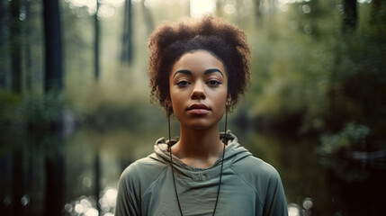 young adult woman, of african ethnicity, wearing athletic attire, stands in a forest setting - generative AI, AI generated