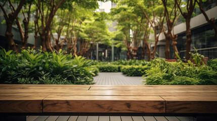 Empty wood table top on blured background at garden in shopping mall. Generative AI Image