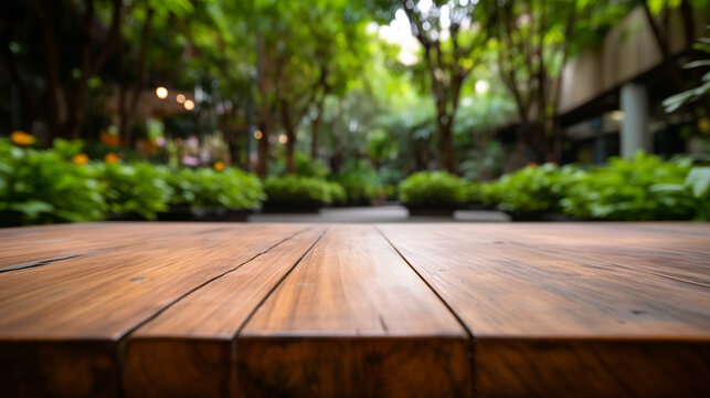 Empty wood table top on blured background at garden in shopping mall. Generative AI Image