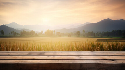 Wooden table in front of blurred rice field and mountains on sunrise. Generative AI Image