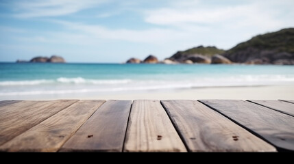 Naklejka na ściany i meble Wooden table in front of blurred white sand beach. Generative AI Image