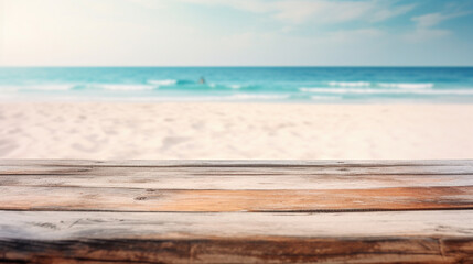 Fototapeta na wymiar Wooden table in front of blurred white sand beach. Generative AI Image