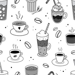 Doodle coffee cups and beans cute seamless pattern. Vector isolated hand-drawn illustration. Perfect for background, print, paper or fabric designs.