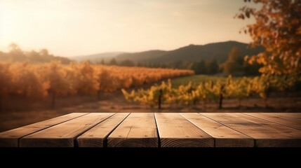 Obraz na płótnie Canvas Wooden table in front of blurred toscana vineyard grape field. Generative AI Image