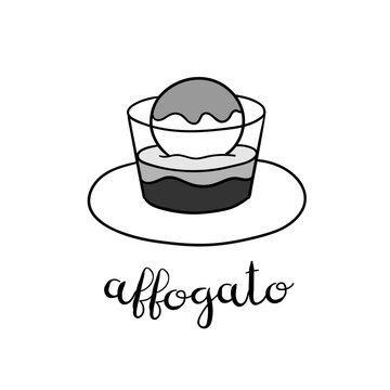 Hand drawn affogato coffee cup with lettering. Vector doodle illustration isolated on white. Perfect for menu designs for cafes, restaurants, coffeehouses and coffee shops.