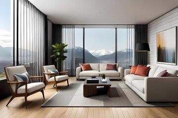 Fototapeta premium Natural Elegance of a Living Room Filled with Furniture and Sunlight, a digital rendering, minimalism, minimalist, rendered in unreal engine, unreal engine 5, 
