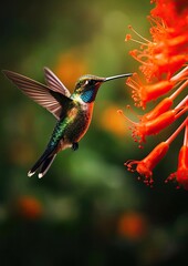 Obraz premium Ein schöner, bunter Kolibri fliegt vor einer orangefarbenen Blume, Generative AI