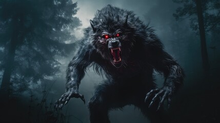 Sinister werewolf with red eyes in gloomy night forest shrouded in mist, full body portrait of scary wolf shifter grin in ominous dark woods ready for attack victim, generative AI