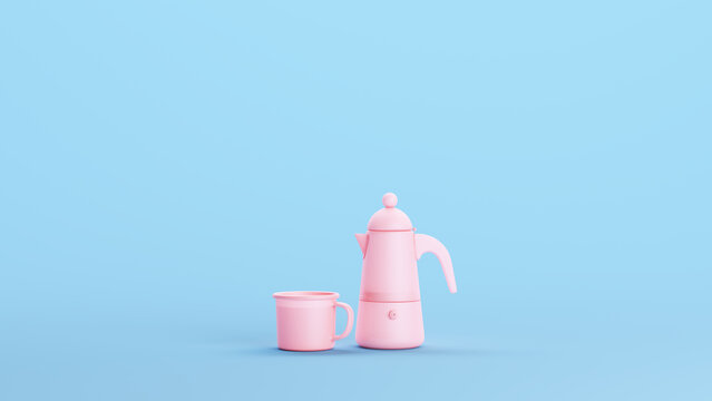Pink Coffee Pot Coffeemaker Retro Vintage Classic Stylish Trendy Kitsch Blue Background 3d illustration render digital rendering