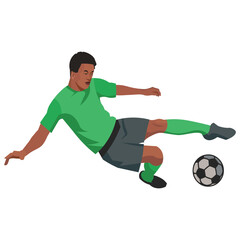 South African Football player in a green sports uniform jumps to hit the ball