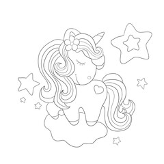 coloring book with a unicorn on a cloud among the stars