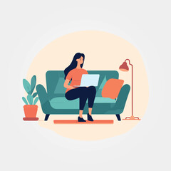 woman sitting on sofa relaxed working on laptop, vector illustration