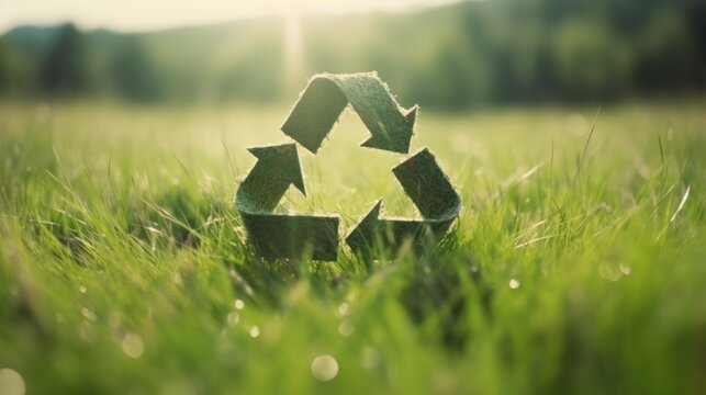 Recycle symbol on the green grass, sustainable and eco environment concept. Generative AI