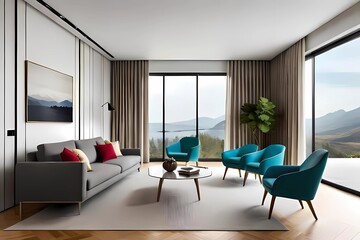 Fototapeta na wymiar Living Room Decorated with Furniture in Seamless Harmony Blends with Natural Beauty, a digital rendering, cg society contest winner, art deco, rich color palette, vray