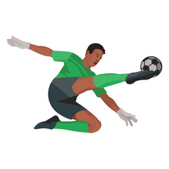 Nigerian football goalkeeper in green sports gear kicks the ball with his foot