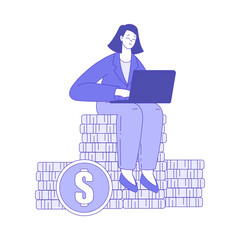 Successful Business Woman Character Sitting on Coin Stack with Laptop Making Deal and Money Earning Vector Illustration