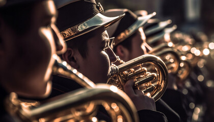 Brass band musicians playing wind instruments outdoors generated by AI - obrazy, fototapety, plakaty