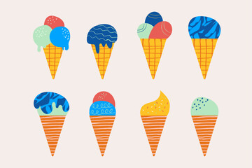 Set of hand-drawn ice cream cones. Hand drawn flat design