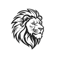 Lion head, cartoon style, black and white color, minimalist, isolated PNG white background