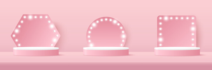 Podium platform to show product with circle, square and hexagon backdrop with light sign and spotlight on pink background. Vector illustration