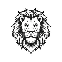 Obraz na płótnie Canvas Lion head, cartoon style, black and white color, minimalist, isolated PNG white background