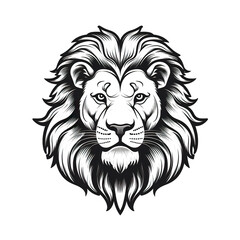 Lion head, cartoon style, black and white color, minimalist, isolated PNG white background