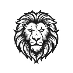 Lion head, cartoon style, black and white color, minimalist, isolated PNG white background