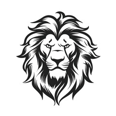 Lion head, cartoon style, black and white color, minimalist, isolated PNG white background