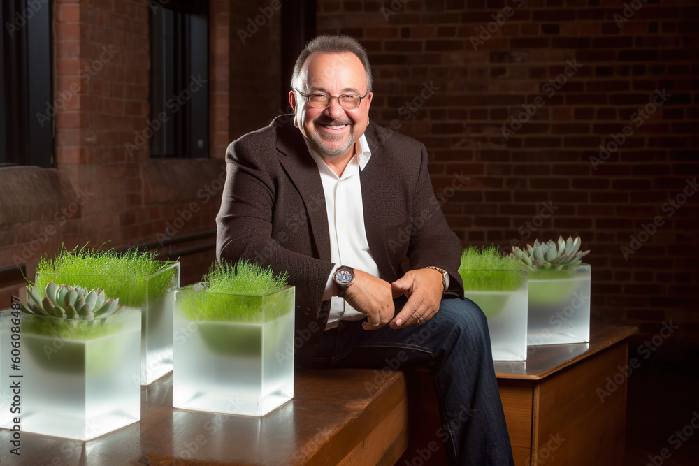 Poster a man sitting on a table next to three planters. ai generative image