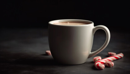 Obraz na płótnie Canvas Hot chocolate in rustic mug on wood table generated by AI