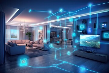 Obraz na płótnie Canvas Interior of AI augmented reality smart home, Modern smart home components management system, Generative AI