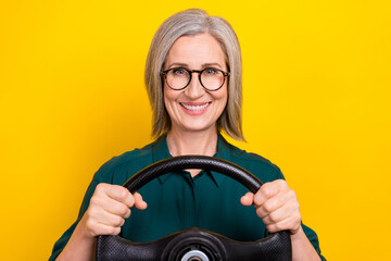 Photo of cheerful pretty lady arms hold wheel toothy smile isolated on yellow color background