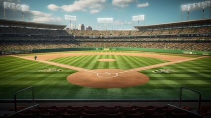 Imagine standing midfield on a game-ready green field in a baseball stadium, the air thick with anticipation for the unfolding action. Made by AI