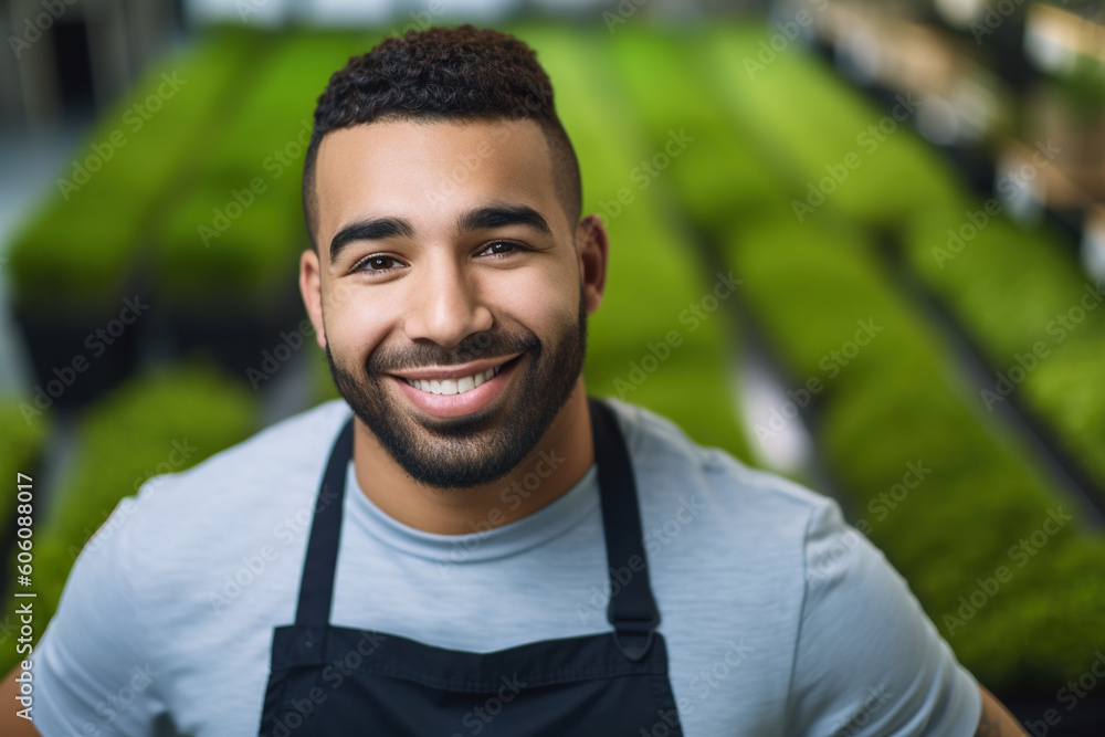 Aufkleber a man standing in front of rows of green plants. ai generative image