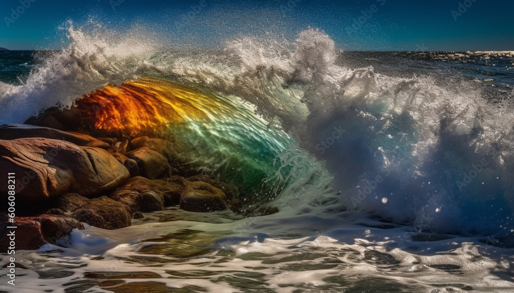 Wall mural splashing waves crash on majestic rocky coastline generated by ai