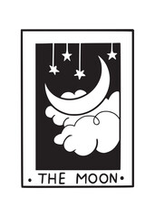 Hand drawn Tarot Moon card in doodle line design, isolated vector illustration with white background