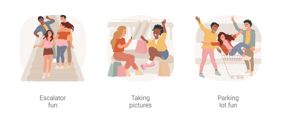 Hanging out in a shopping mall isolated cartoon vector illustration set. Teens having fun at mall escalator, making selfie on bench, teenage friends riding cart on parking lot vector cartoon.
