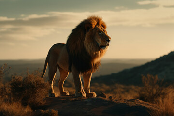 Lion on a rock in the background of wildlife, King of beasts at sunset. generated ai