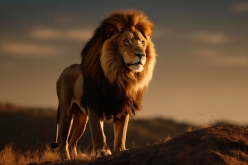 Fototapeta na wymiar Lion on a rock in the background of wildlife, King of beasts at sunset. generated ai